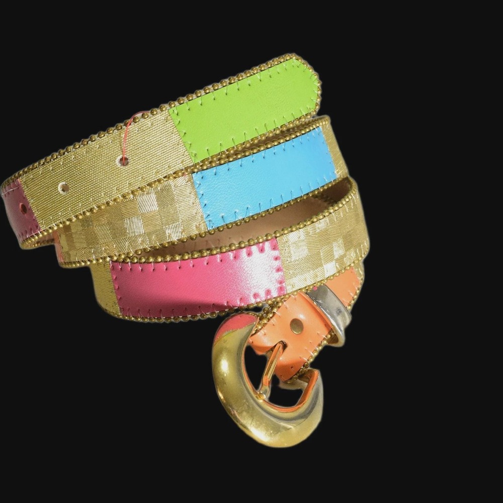 90s Vintage Elite Colorblock Leather Belt XL Gold Bead Trim Archival Maximalist